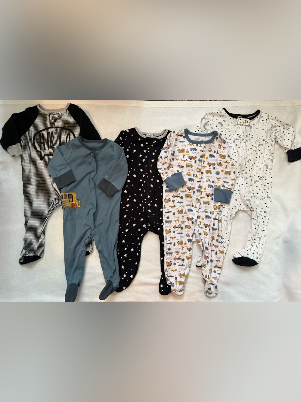 Cute Star & Truck Print One-Piece Sleepers - Black, White, Blue